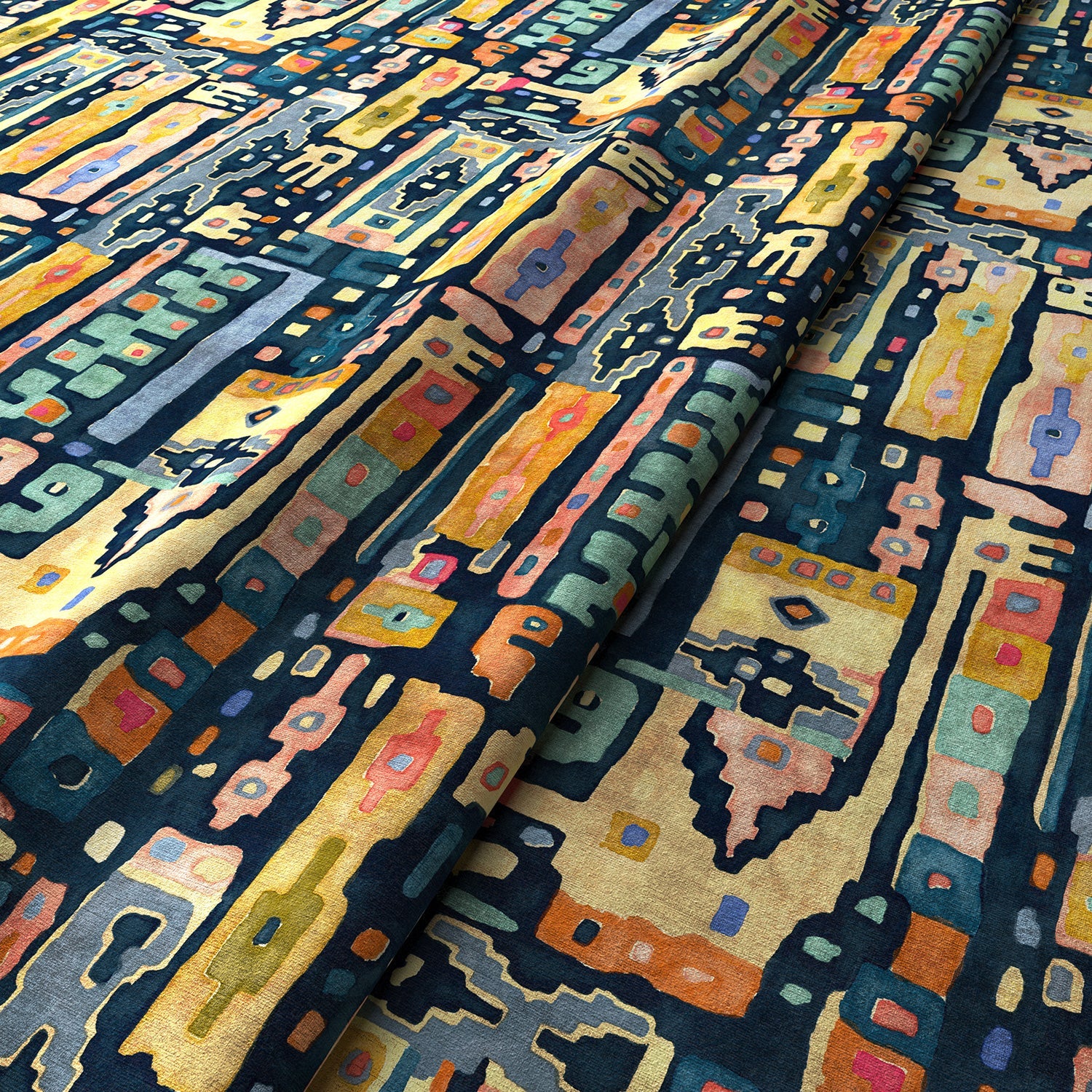 Printed velvet fabric with city buildings in blue and yellow colours for curtains and upholstery.