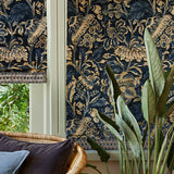 Velvet blinds showcasing an archival document, circa 1700s, this stylised floral is lavish, graceful, and timeless in blue