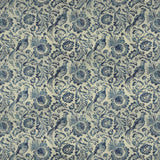 Velvet fabric suitable for curtains and upholstery. Off-white background with blue large scale floral and pheasant design.