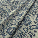 Velvet fabric suitable for curtains and upholstery. Off-white background with blue large scale floral and pheasant design.
