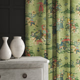 A printed velvet fabric showcasing lively horses and bedecked warriors in green as curtains