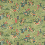 Sample of a printed velvet fabric showcasing lively horses and bedecked warriors in green