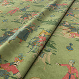 Sample of a printed velvet fabric showcasing lively horses and bedecked warriors in green
