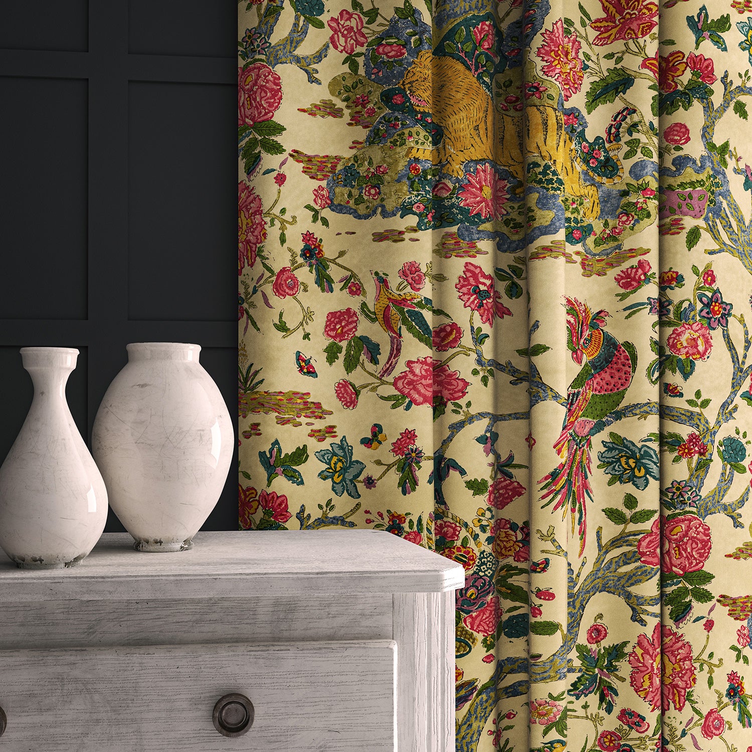 A printed velvet fabric depicts a menagerie of parrots, lions, and alluring flowers in cream as curtains
