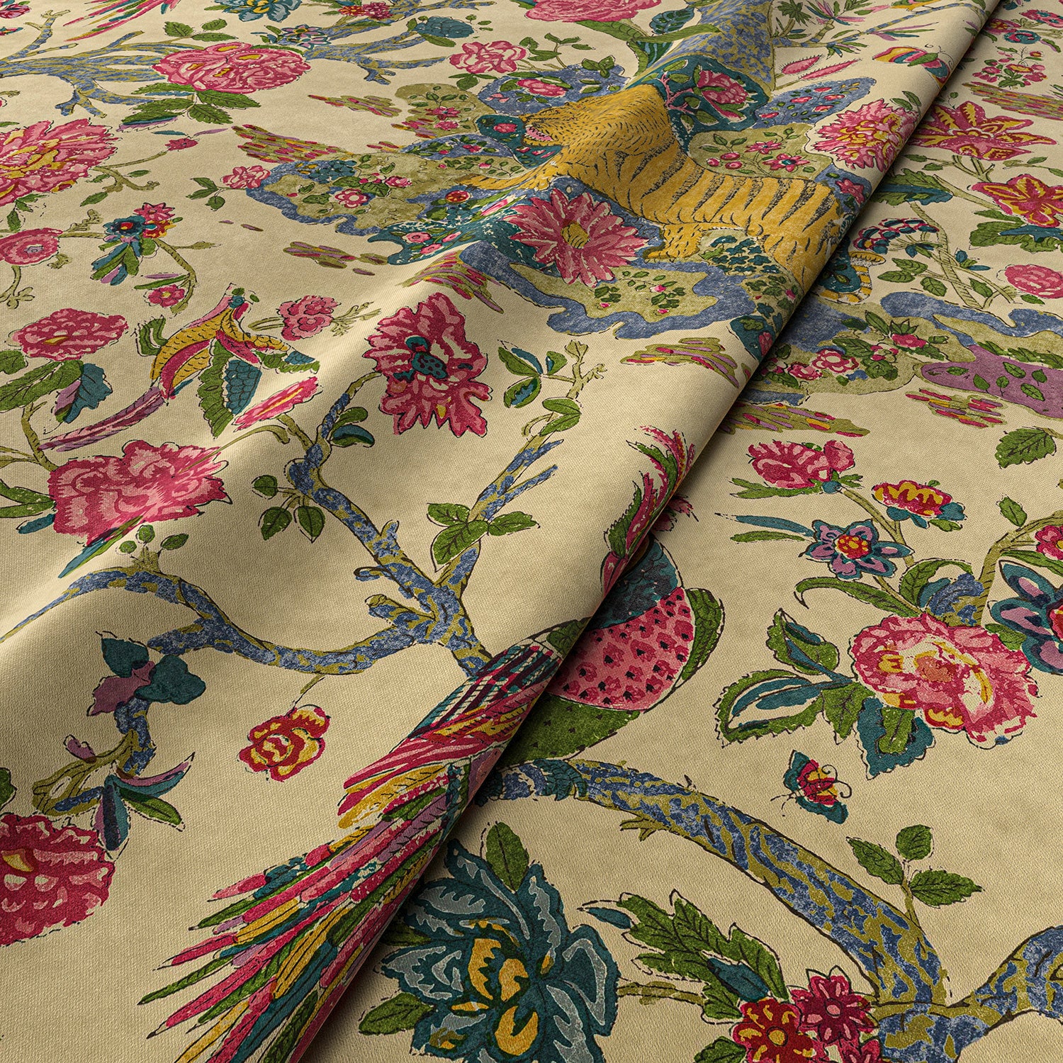 Sample of a printed velvet fabric depicts a menagerie of parrots, lions, and alluring flowers in cream