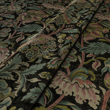 Sample of a printed velvet fabric showcasing an archival document, circa 1700s, this stylised floral is lavish, graceful, and timeless in brown, blue, pink and green