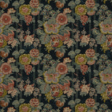 Sample of a printed velvet fabric showcasing the abundant pattern of stylised flowers in blue