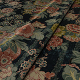 Sample of a printed velvet fabric showcasing the abundant pattern of stylised flowers in blue