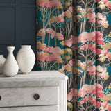 Patterned velvet curtains showcasing a pink Japanese tree design.