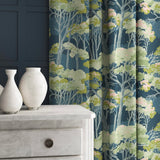 Patterned velvet curtains showcasing a blue/green Japanese tree design.