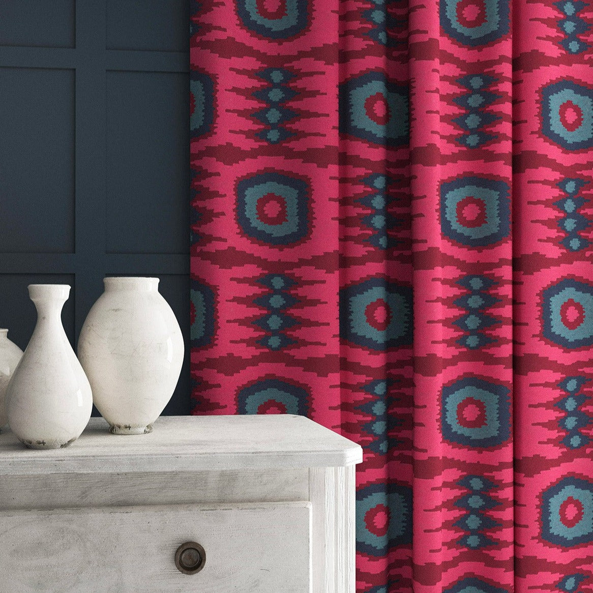 Patterned velvet curtains featuring a fun, jazzy pattern in Berry.