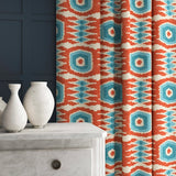 Velvet curtains in a orange and blue velvet fabric with stain resistant finish and abstract print