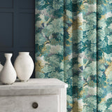 Curtain made from a printed velvet fabric featuring a classic oak leaf design in teal.