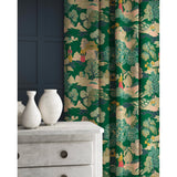 Curtain in a printed velvet fabric featuring a Japanese-style toile in green.