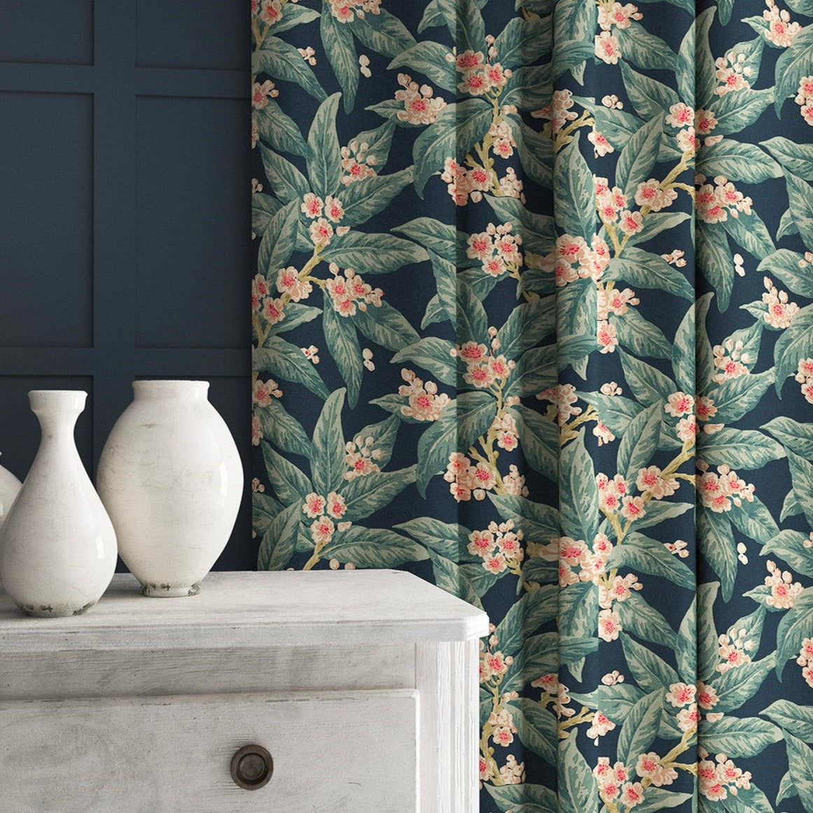 Velvet curtain in a blue leaf and blossom design.