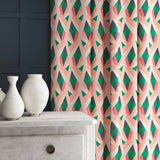 Velvet curtains in a velvet fabric with a stain resistant finish and geometric print in peach and green colours