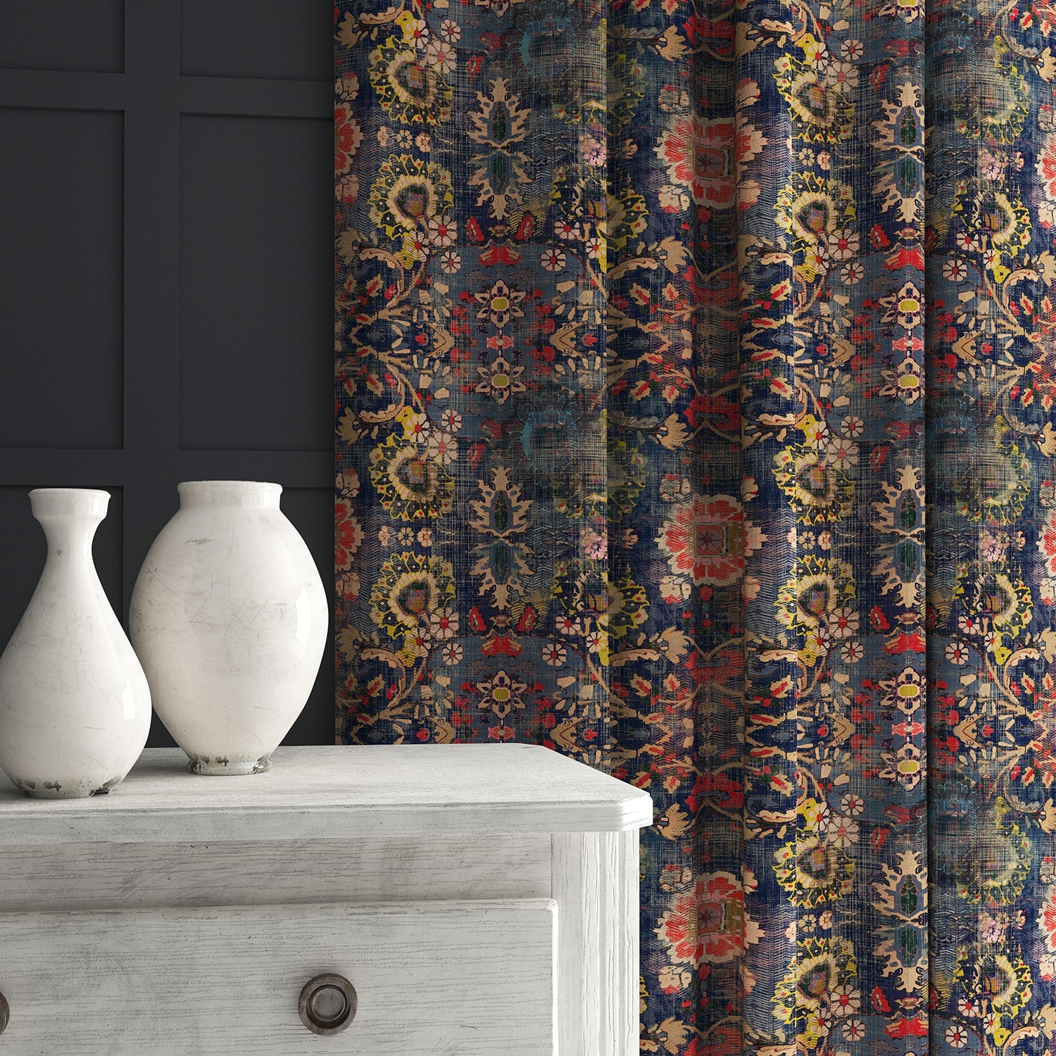 Curtain made from a printed velvet fabric based on a classic Persian rug design.