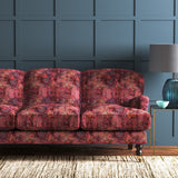 Velvet sofa upholstered in a pink velvet fabric with Moroccan inspired design and stain resistant finish