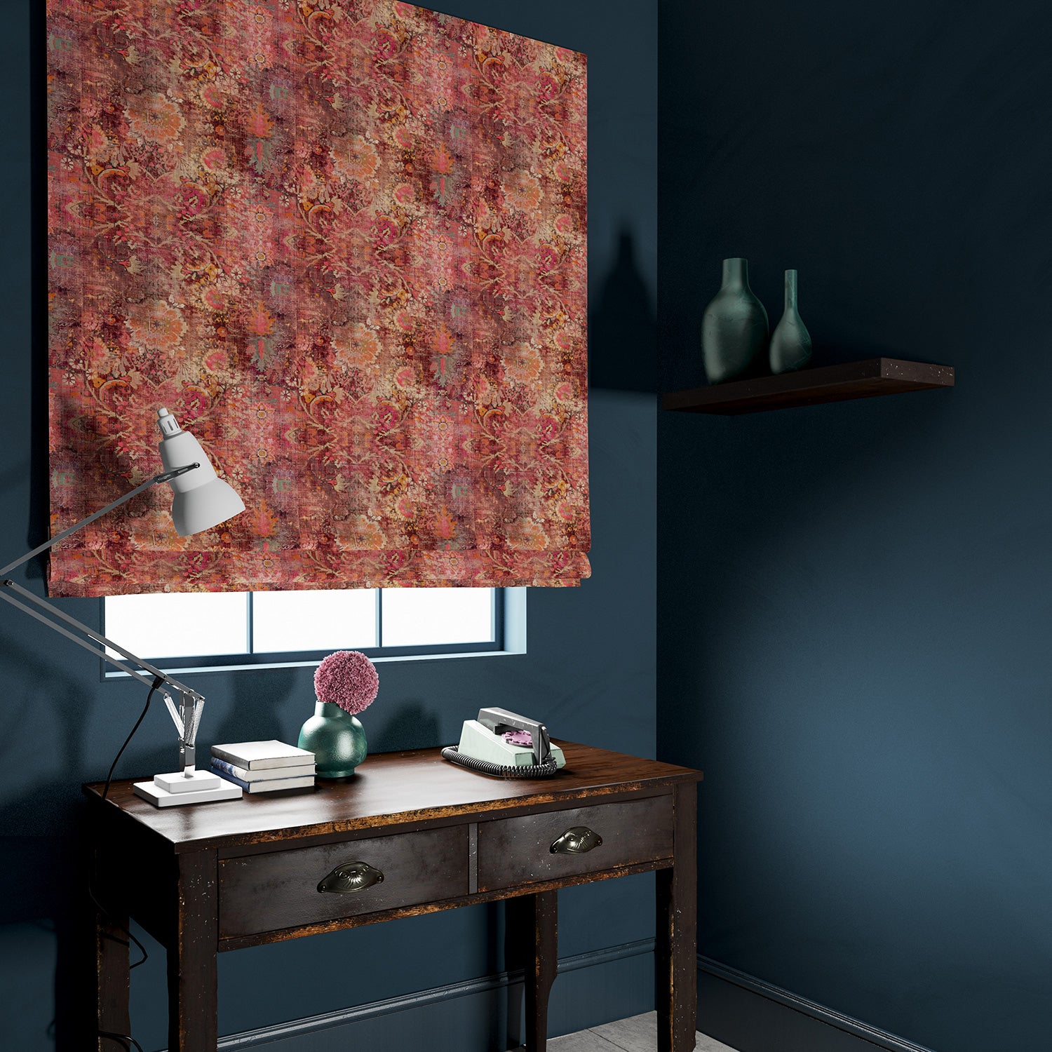 Blind made from a terracotta printed velvet fabric based on a classic Persian rug design.