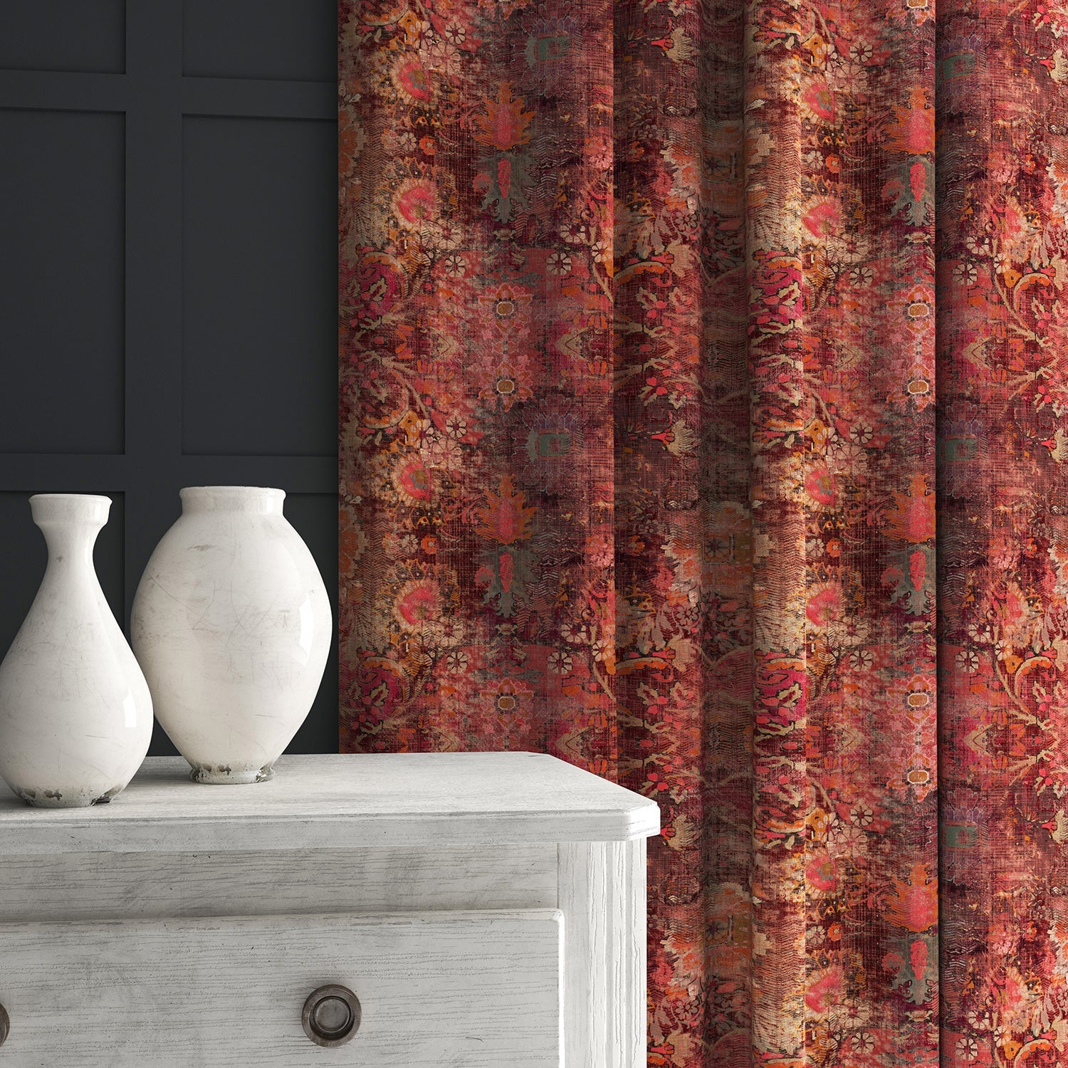Curtain made from a terracotta printed velvet fabric based on a classic Persian rug design.