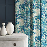 Velvet curtain in a velvet fabric with stain resistant finish with a blue and white wave design