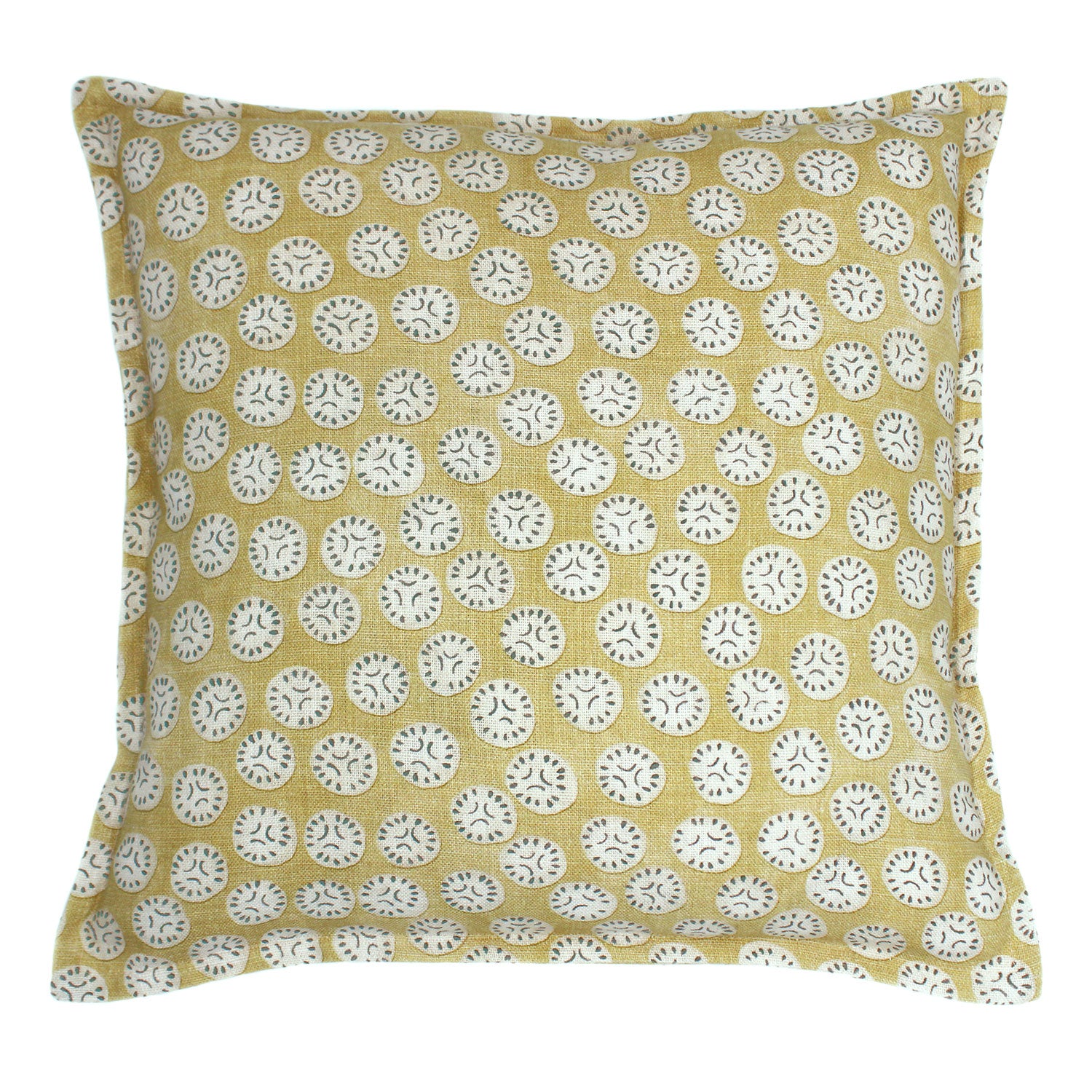 A yellow, cream and black linen cushion with a all-over repeat pattern.