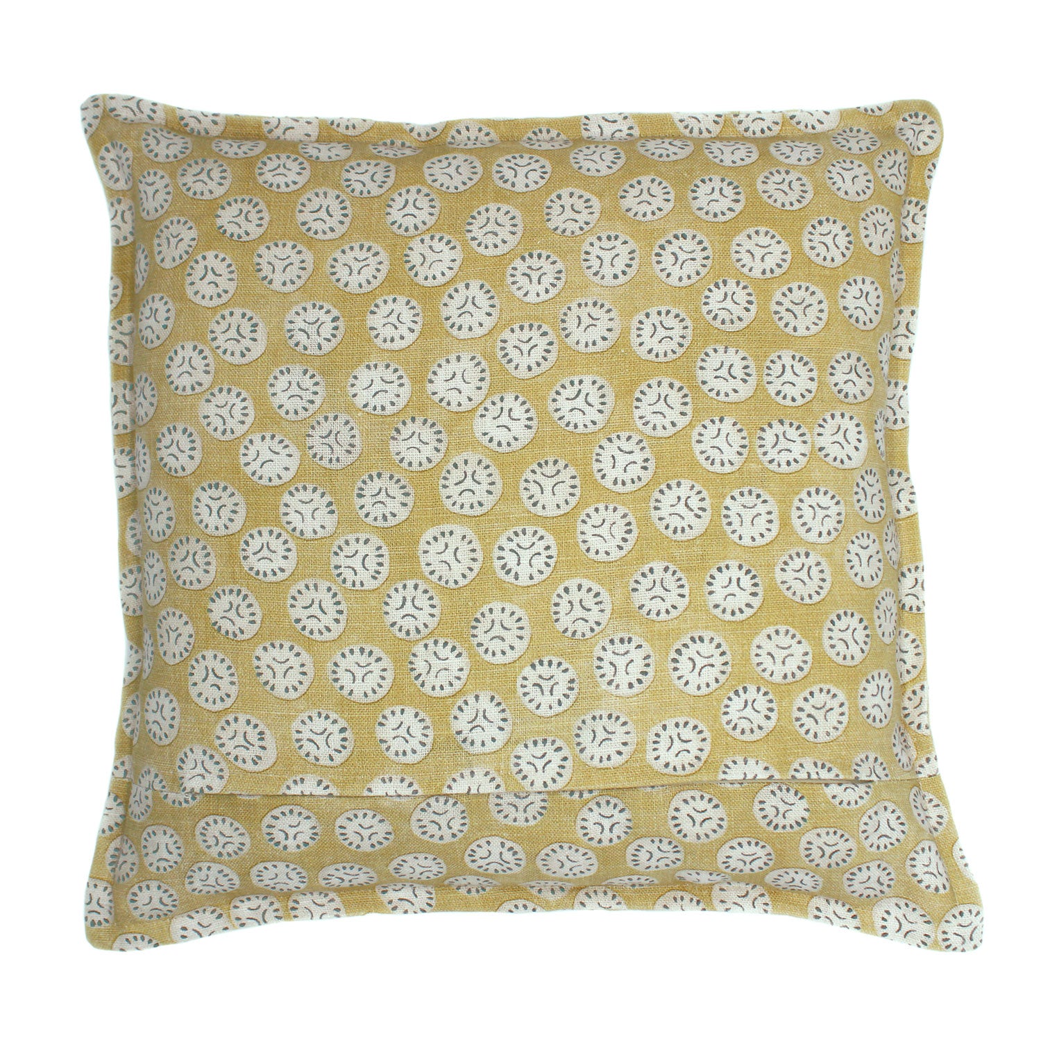 A yellow, cream and black linen cushion with a all-over repeat pattern.