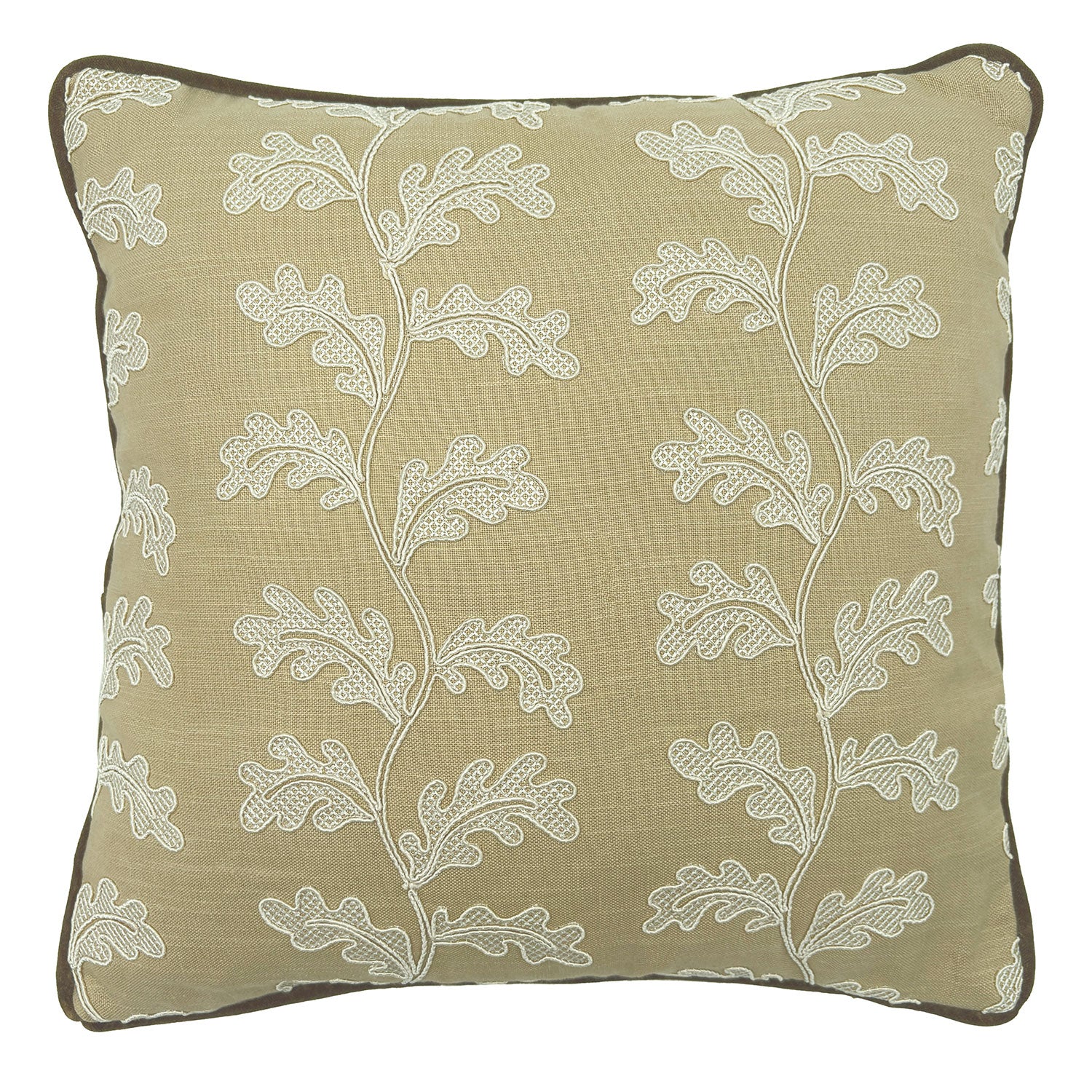 Decorative sand coloured cushion with a off-white leaf pattern.