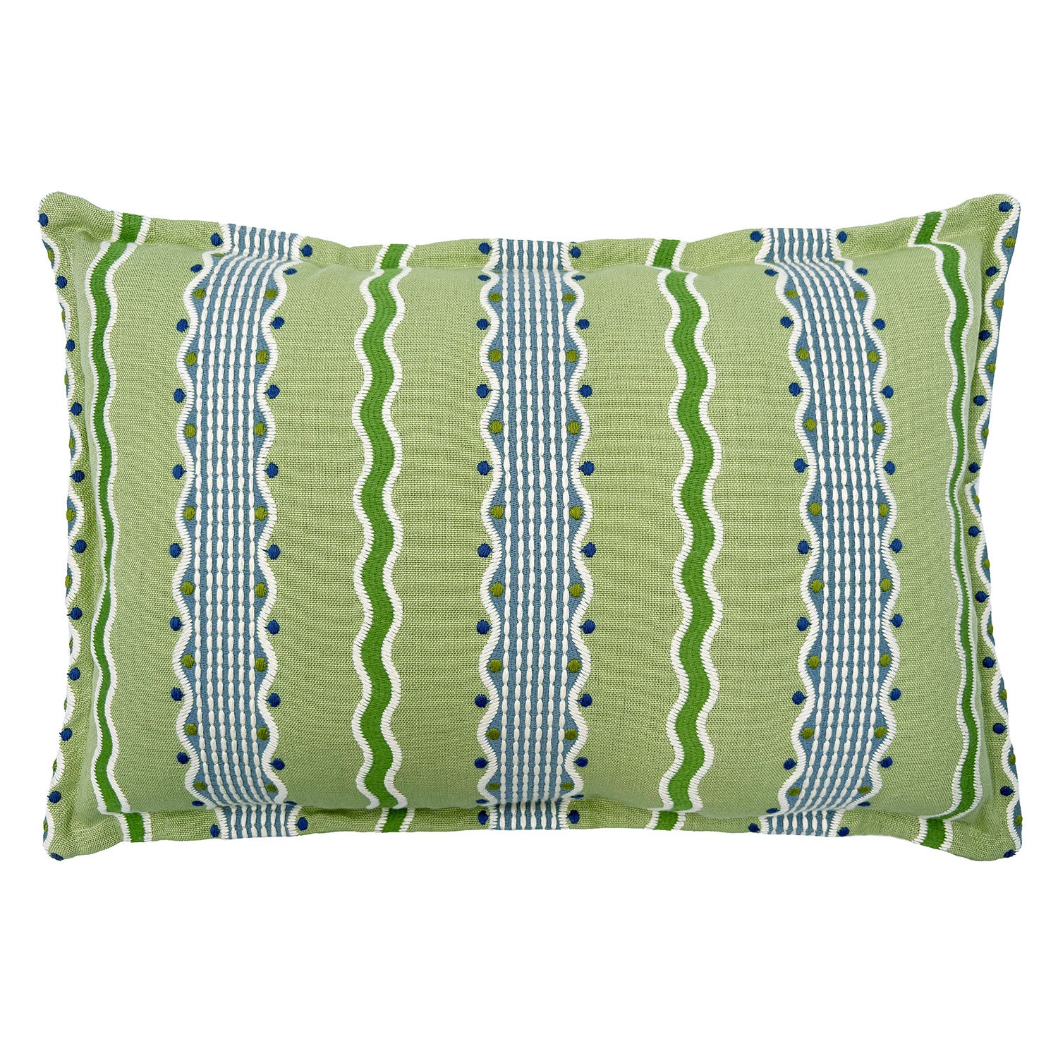 Embroidered cushion with blue and green stripes.