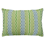 Embroidered cushion with blue and green stripes.