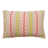 Decorative pink cushion with colourful striped pattern.
