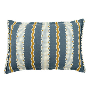 Decorative pillow with blue, gold, and white striped pattern.