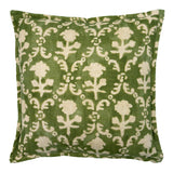 Decorative green pillow with a ivory floral pattern.