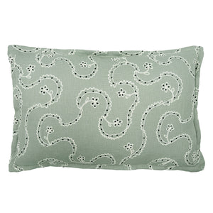 Decorative cushion with a free-flowing floral pattern on a light blue background.