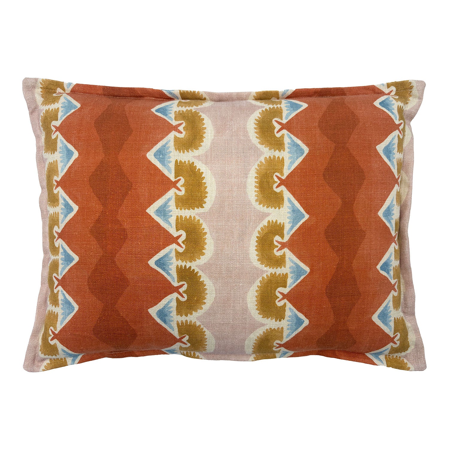 Decorative cushion with geometric pattern in rust, blue and ochre.