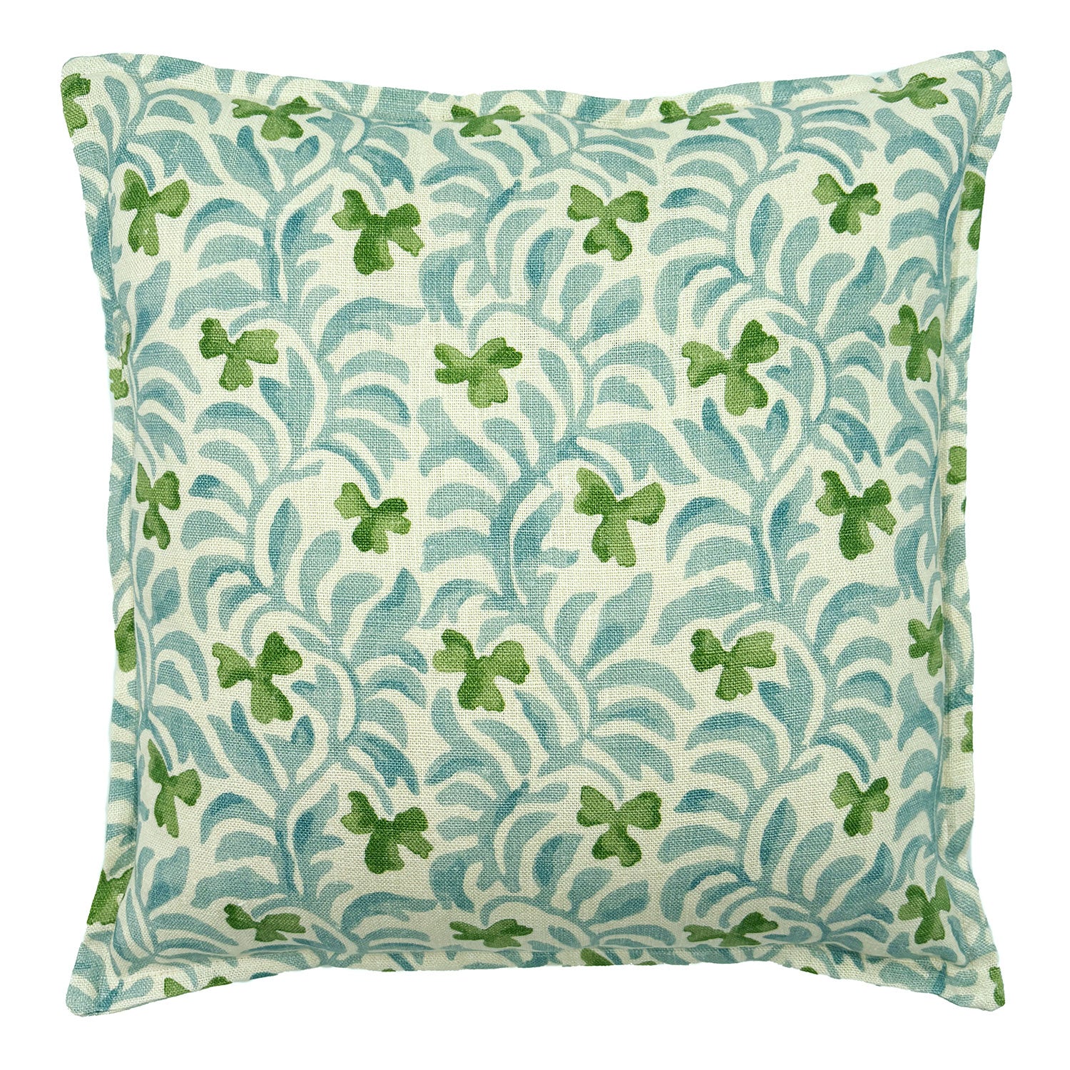 Decorative cushion with a pale blue and green floral pattern.