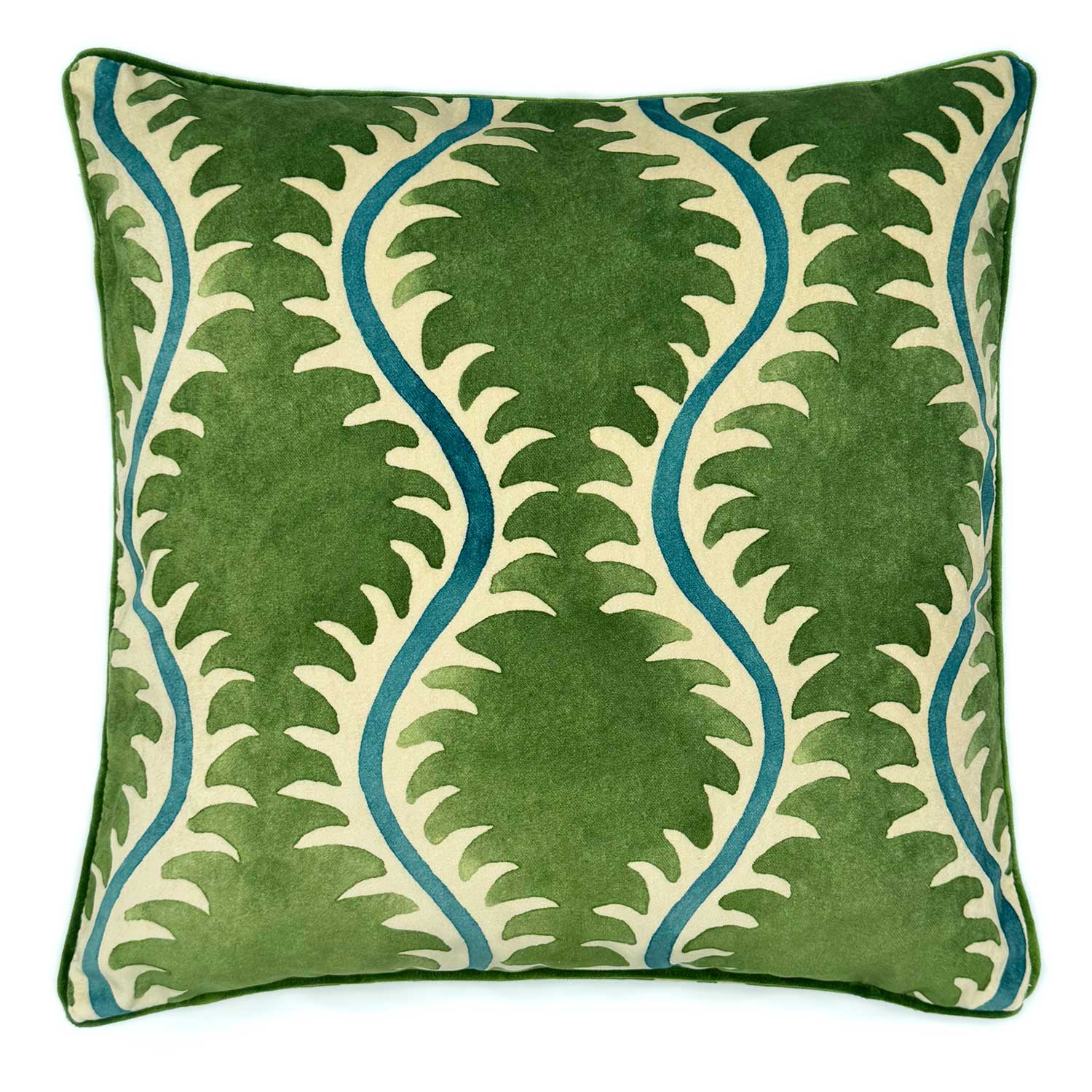 A green, blue and off white velvet cushion with a all-over repeat pattern and velvet piping.