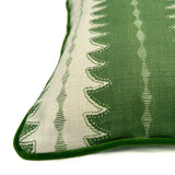 A green and off white linen cushion with an attractive ‘fern’ design and finished with a velvet piping.