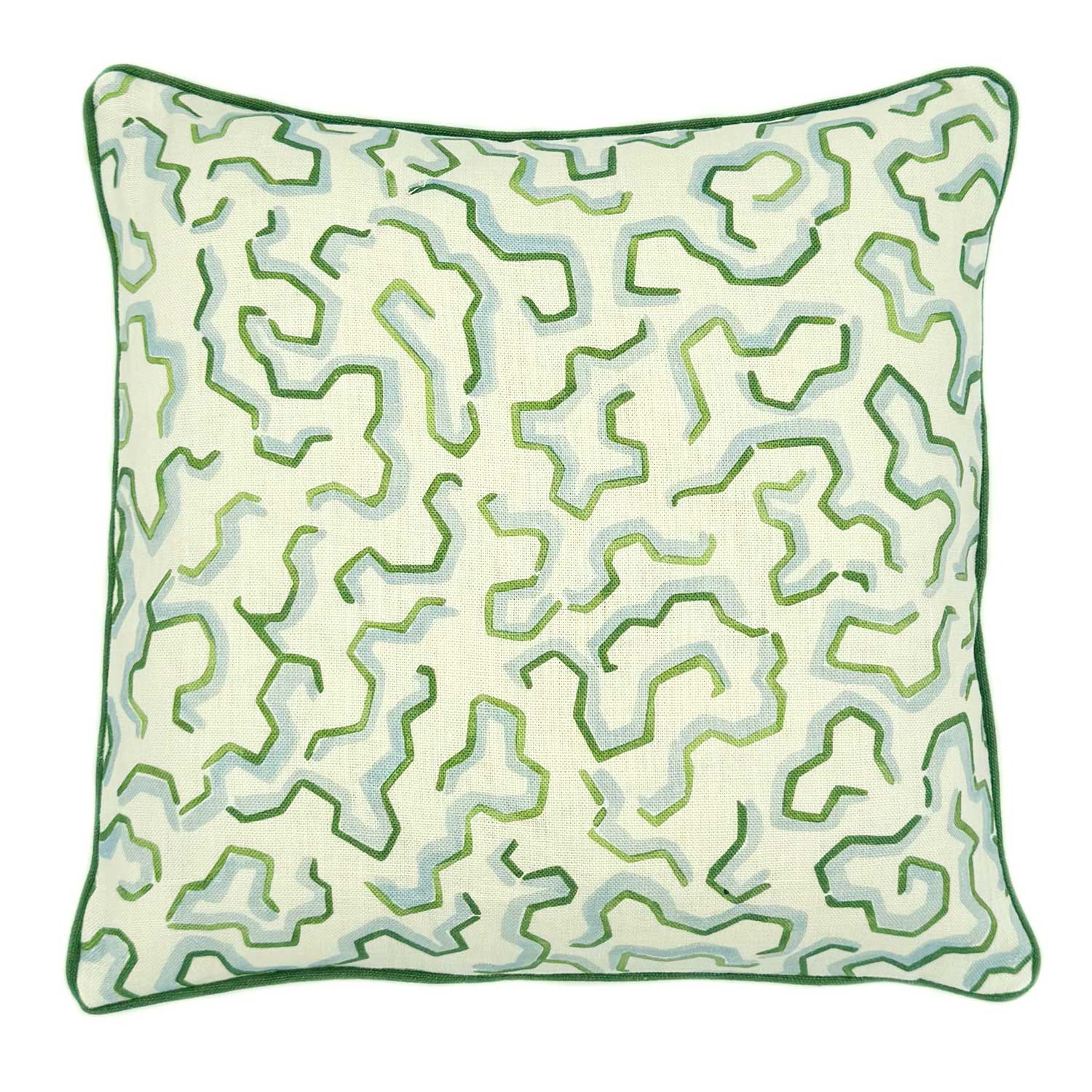 A green, blue and off white printed linen cushion with an animal style pattern.