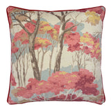 Linwood cushion in Arboreal Cloud. Overhead view showing the full front design, featuring a charming woodland scene based on a 1940s pattern.