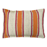 Linwood cushion in Dimty, in Fruit Salad colourway. Overhead view showing the full front design, featuring warm orange and raspberry red bands with subtle dots and dashes.