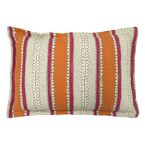 Linwood cushion in Dimty, in Fruit Salad colourway. Overhead view showing the full front design, featuring warm orange and raspberry red bands with subtle dots and dashes.