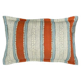 Linwood cushion in Dimity, Rust colourway. Overhead view showing the full front design, featuring warm rust orange and pale blue bands with subtle dots and dashes.
