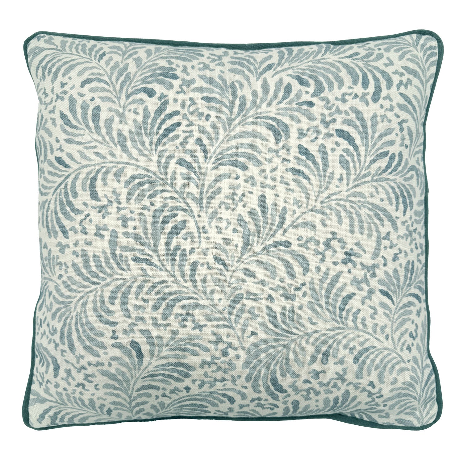 Linwood cushion in Blythe, Soft Blue colourway. Overhead view showing the full front design, features a stylised fern motif.