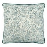 Linwood cushion in Blythe, Soft Blue colourway. Overhead view showing the full front design, features a stylised fern motif.