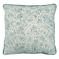 Linwood cushion in Blythe, Soft Blue colourway. Overhead view showing the full front design, features a stylised fern motif.
