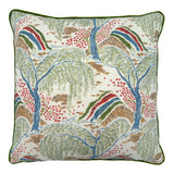 Linwood cushion in Gwendolyn, Cranberry colourway. Overhead view showing the full front design,  featuring fine design details, such as fine leaves and restrained hues. 