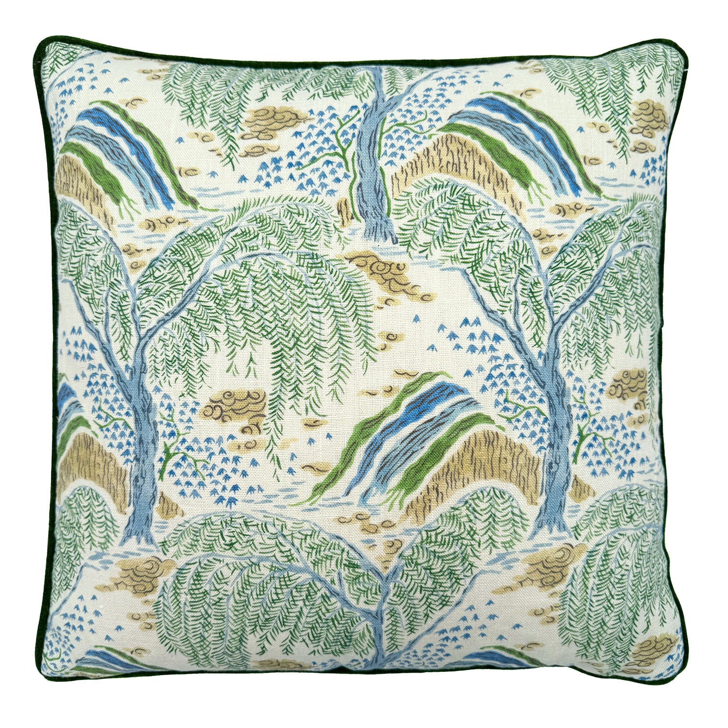 Linwood cushion in Gwendolyn, Emerald  colourway. Overhead view showing the full front design,  featuring fine design details, such as fine leaves and restrained hues. 