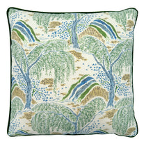 Linwood cushion in Gwendolyn, Emerald  colourway. Overhead view showing the full front design,  featuring fine design details, such as fine leaves and restrained hues. 