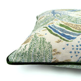 Back of Linwood cushion in Gwendolyn, Emerald . Overhead view of the reverse side, made in matching fabric.